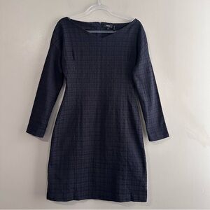 Theory Bodycon Stretch Jacquard Dress Womens Large Navy Blue Red Academia Office